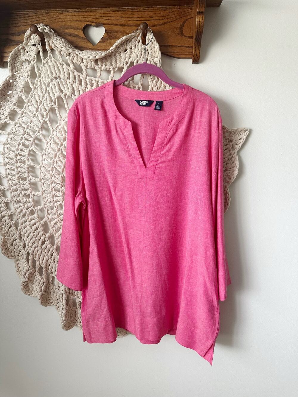 Lands End Bright Pink Linen Blend Tunic Top Size Large
